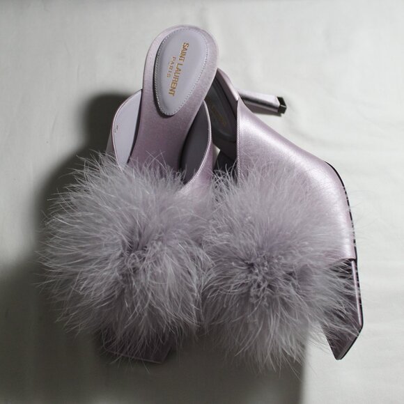 NWB Saint Laurent Paris Feather Pom Pom Kitten Heels Mules SlipOns Poly Grey 39 - Picture 4 of 9